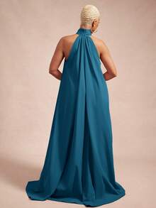 Vixey Solid Woven Bow Tie Halter Neck A Line Maxi Dress - Cadet Blue - View 5