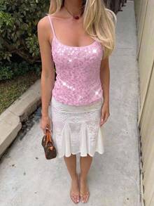 Aloruh Fresh Lake Blue Sequin Tank Top, Versatile For Vacation - Pink - View 4