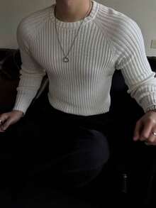 DAZY White Solid Color Slim Fit Raglan Sleeve Crew Neck Men's Sweater, Can Be Worn As Base Layer Or Outerwear Long Sleeve Tops - White - View 8