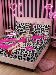 Betty Boop x SHEIN 3-Piece Set, Gray Background Pink Cartoon Character Printed Mattress Set, Pink Cartoon Pattern, Cartoon Character Decoration, Leopard Print Pattern, Suitable For Room Decoration, Microfiber Material, Machine Washable, Multi-Season Application - Multicolor - View 2