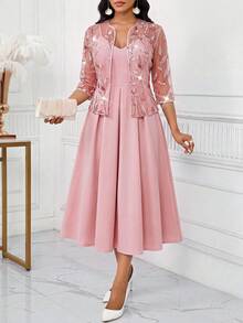 SHEIN Lady 女款粉色花卉亮片網紗3/4袖開襟外套吊帶洋裝優雅兩件套，適合婚禮新娘母親、派對、正式場合、教堂、夏季 - 粉色 - 查看 6