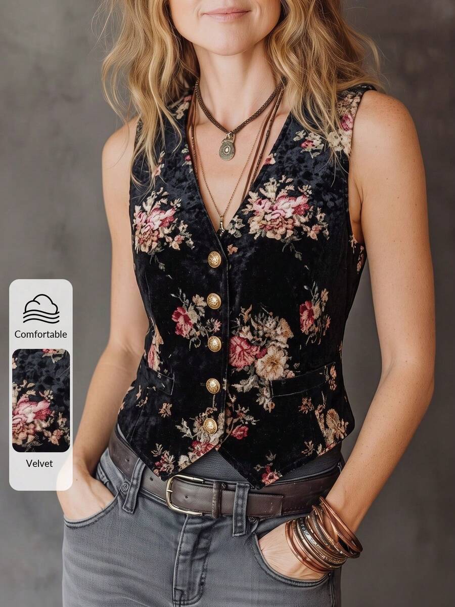 Solivie Damen-Weste mit Blumenmuster, lässig im Cottagecore-Stil, vielseitig für Alltag und Party, schwarz, Sommer - Schwarz - Übersicht 1