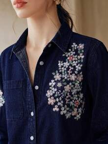 Anewsta 女款春夏時尚優雅大花刺繡情人節浪漫派對度假風藍色長袖襯衫牛仔褲 - 藏蓝色 - 查看 3