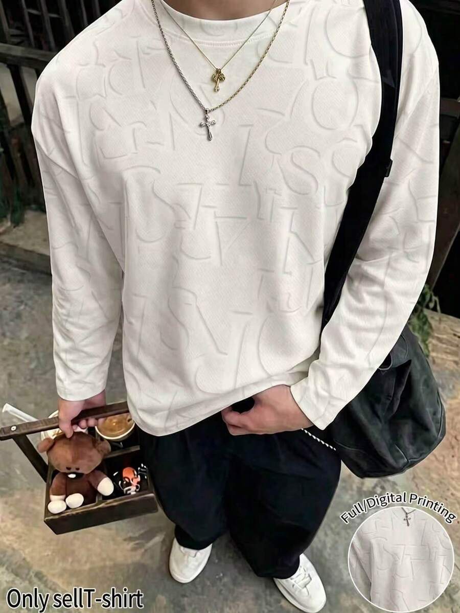 Resyla Men 男士字母印花休閒百搭日常穿著長袖T恤 - 黑色 - 查看 1
