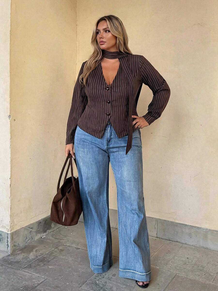 Auralis Plus Size Women's Striped Long Sleeve Single-Breasted Elegant Blazer - Brown - View 1