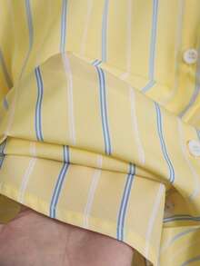 SHEIN 青少年女孩輕量彈性腰圍淡黃色條紋刺繡領長袖兩件套，韓式溫柔休閒風，居家通勤旅行日常穿著，棉感春夏秋套裝，奶油黃細條紋紋理面料，寬鬆長袖修飾所有身形，柔軟舒適，適合居家、購物、短途旅行，溫柔清新，春夏秋單穿超百搭 - 黃色 - 查看 5