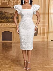 SHEIN Lady Women's Jacquard Square Neck Casual Elegant Party Garden Party Bachelorette Party Dress Wedding White Summer - White - View 4