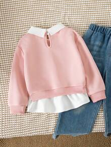 SHEIN 女童新款假兩件式衛衣襯衫，翻領寬鬆版型 - 藕粉色 - 查看 2
