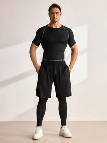 Driftmere 5pcs/Set Men's Fitness Sportswear Set, Spring Workout Running Basketball Tight Fitting Activewear Black - Black - View 1