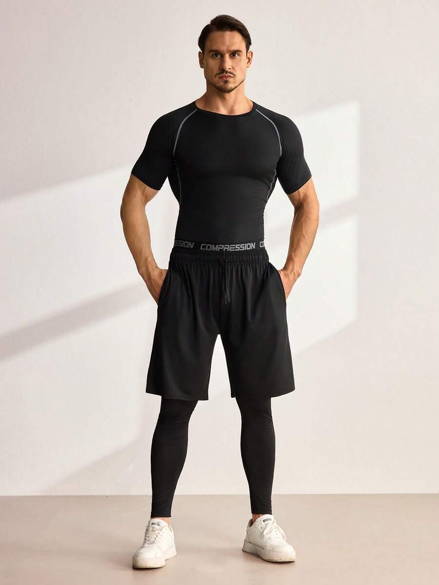 Driftmere 5pcs/Set Men's Fitness Sportswear Set, Spring Workout Running Basketball Tight Fitting Activewear Black - Black - View 1