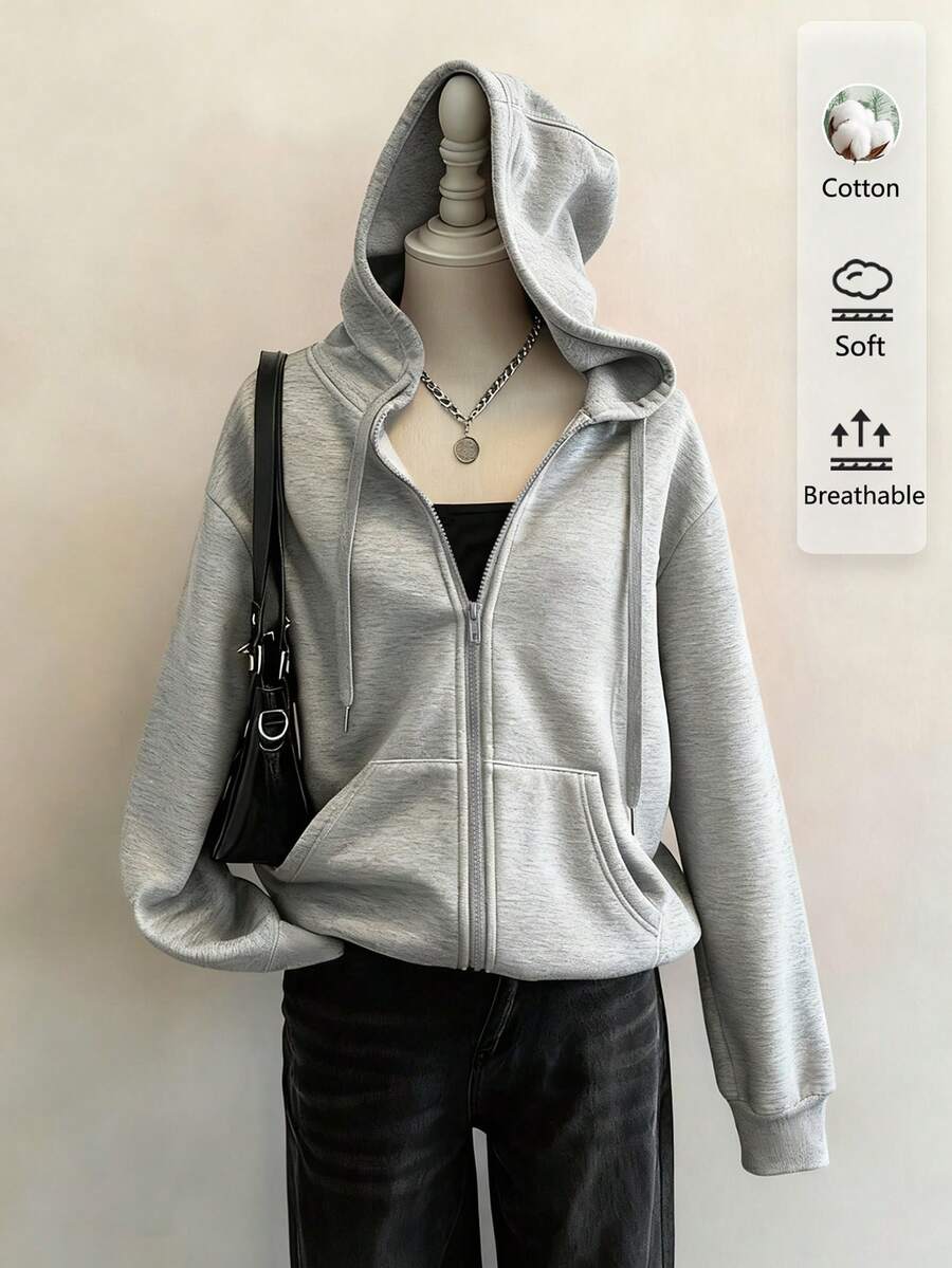 Attitoon 女款棉質灰色休閒街頭風連帽拉鍊運動衫，秋冬款 - 灰色 - 查看 1