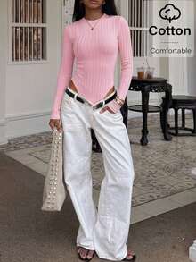 Siren Gaze 1pc Casual Minimalist Solid Color Knit Bodysuit, Autumn Winter Thanks Giving Pink - Baby Pink - View 1
