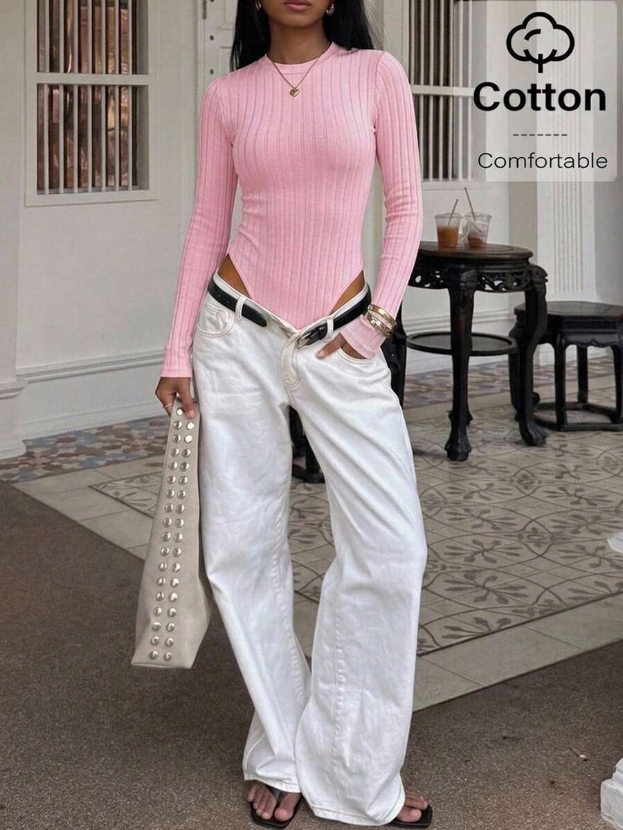 Siren Gaze 1pc Casual Minimalist Solid Color Knit Bodysuit, Autumn Winter Thanks Giving Pink - Baby Pink - View 1