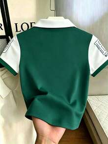 Resyla LOONEY TUNES X SHEIN Women's Summer Polo Collar Football Club Print T-Shirt - Green - View 2