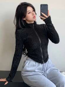 DAZY 秋冬韓系毛絨刷毛修身休閒街頭風運動衛衣外套 女款黑色夾克外套 - 黑色 - 查看 4