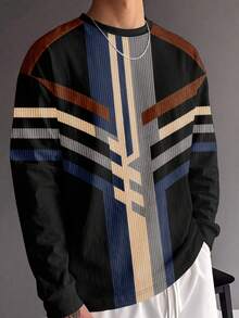 Gym Rark Kaos Lengan Panjang Pria Motif Garis Vertikal Geometris Multi Warna Retro, Tekstur Rib Vertikal Biru Tua Krem Kopi Abu-abu Hitam dengan Pola Kontras - MultiWarna - View 3
