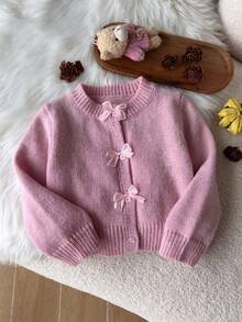 SHEIN 女童幼兒秋冬針織開襟衫，時尚新品，柔粉色調，經典可愛日系優雅，生日派對穿搭 - 藕粉色 - 查看 7