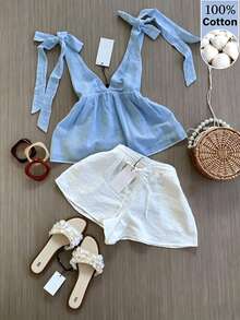INAWLY Set Atasan Wanita Putih Ukuran Besar Model V-Neck, Terbuat dari 100% Katun - Cocok untuk Liburan dan Pemakaian Sehari-hari. - MultiWarna - View 1
