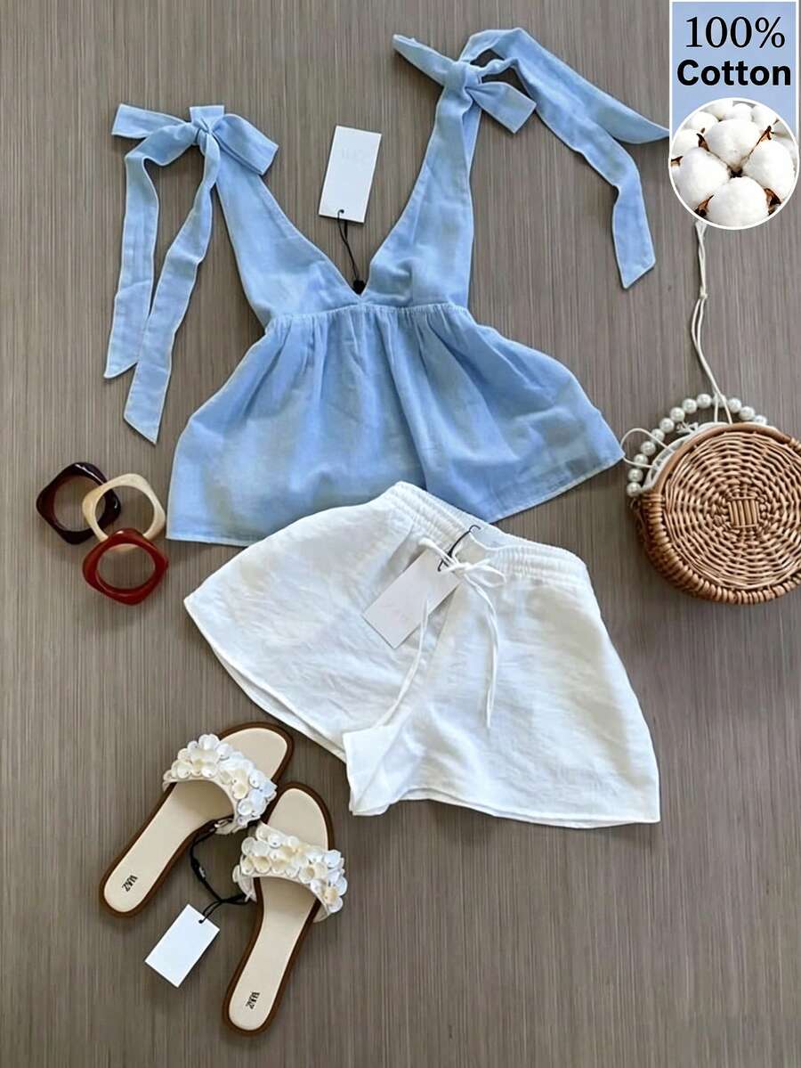 INAWLY Set Atasan Wanita Putih Ukuran Besar Model V-Neck, Terbuat dari 100% Katun - Cocok untuk Liburan dan Pemakaian Sehari-hari. - MultiWarna - View 1