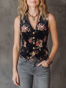 Solivie Damen-Weste mit Blumenmuster, lässig im Cottagecore-Stil, vielseitig für Alltag und Party, schwarz, Sommer - Schwarz - Übersicht 5