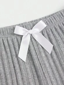 SHEIN 3 قطع من القطن الخطي قابل للتنفس محبوك بأضلاع مع زينة شريط وهمي وشرائط دانتيل متباينة 3 عبوات بنطال نوم طويل كاجوال - متعدد الألوان - مشاهدة 4