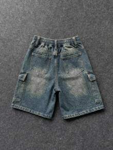 SHEIN 兒童青少年男孩腰部繫帶工裝口袋休閒牛仔短褲 - 深色水洗藍 - 查看 2