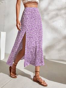 SHEIN Holidaya 女款碎花開衩大腿長裙 度假海灘穿搭 - 紫色 - 查看 1
