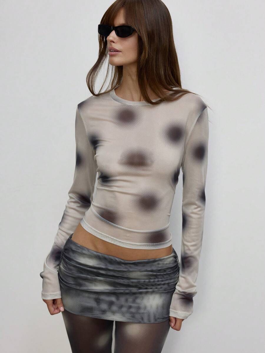 MUSERA Halftone Polka Dot Print Crew Neck Long Sleeve Top Autumn Going Out Everyday Girly Sweet Mischief Fall Autumn Winter - Multicolor - View 1
