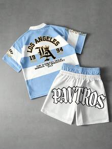 PAVTROS 男士美式學院風休閒徽章刺繡T恤與短褲兩件套，Polo領針織運動套裝，畢業季夏季白色 - 淺藍色 - 查看 2