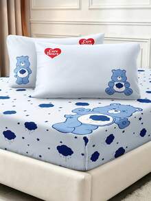 SHEIN X Care Bears 3-Piece Mattress Set, Cartoon Bear Pattern On Blue Background, Cartoon Character Decoration, Cute Pattern, Suitable For Room Decoration, Microfiber Material, Machine Washable, Multi-Season Application - Blue - View 5