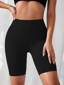 SHEIN Yoga Basic 女士纯色高腰休闲运动短裤、运动女士运动短裤、健身短裤、骑行短裤 - 黑色 - 查看 3