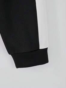 SHEIN Vacaura 大童男童抓絨內裡拼色連帽衛衣與慢跑長褲套裝，保暖休閒街頭風兩件套，附袋鼠口袋，適合秋冬 - 卡其色 - 查看 6