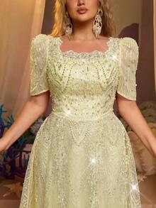 Glamrae Plus Size Elegant Romantic Square Neck Short Sleeve Sheer Rhinestone & Pearl Embellished A-Line Evening Gown For Wedding Party Celebration Formal Occasion Event Heavy Work Design - Yellow - View 8