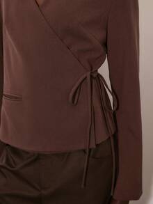 ATUI Studio Women's Solid Color Wrap Knot Tie Blazer, Fitted Waist Coffee Brown Blazer Fall Winter Transition Outfit Layering Essential - Brown - View 3