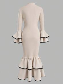 INAWLY Women's Elegant Ruched Waist Patchwork Color Long Party Dress - Apricot - View 2