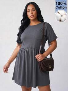 Solavibe Plus Size Women's Solid Color Round Neck Short Sleeve Pocket Design Casual Dressy Dress Dinner Formal Home Wear Date Night Grey Summer - Grey - View 1