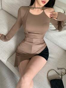 DAZY Women's Solid Color Asymmetric Cutout Design Long Sleeve Sports T-Shirt Night Rave Coffee Brown Autumn Sexy,Korean Style Party Wedding Guest - Brown - View 8