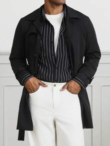 HUEFORM Men's Black Belt With Mid-Length British Style Trench Coat With Lapel, Single-Breasted Business Casual Overcoat,Perfect For A Refined Look. For Men - Black - View 7