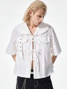 ROMWE MEN Street Life Men's Summer Fashion Solid Color Tie-Front Shirt - Apricot - View 6