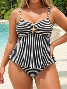 Swim Lushoire 2026 New Metal Decor Ruched Front Tummy Control Plus Size Spaghetti Strap Beach Swimsuit For Women - Black and White - View 4