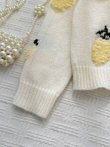SHEIN 女童白色圓領針織開襟衫，重工刺繡檸檬圖案，可搭配洋裝，舒適柔軟 - 白色 - 查看 2