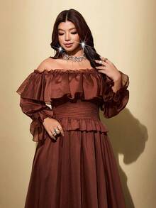 Viva Relle Gaun Panjang A-Line Kerah Ruffle Satu Bahu untuk Wanita Ukuran Plus, Musim Gugur - Rust Brown - View 3