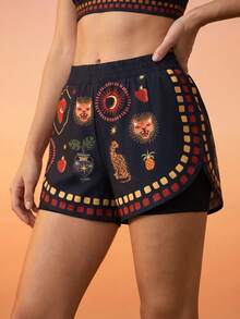 CAJUNI Women's Sports Shorts, Decorated With Tropical Style Heart And Eye Pattern - Multicolor - View 4