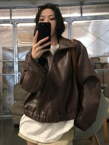 DAZY 女款寬鬆休閒皮夾克外套，標準版型，秋冬新款 - 棕色 - 查看 1