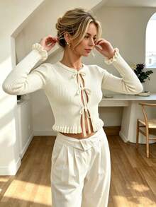 Cévolie Women's Solid Color Front Tie Long Sleeve Ruffle Hem Cardigan - Beige - View 3