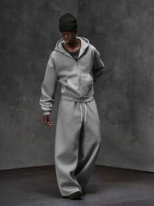NEON BLANC Men's Spring/Autumn Casual Loose Long Sleeve Zip-Up Sweatshirt Sweatshirt, Standard Size, Grey Solid Color - Grey - View 2