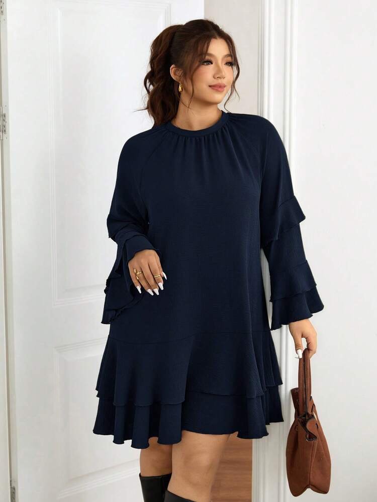 Lounesse Women's Plus Size Solid Color Round Neck Flare Sleeve Dress Teachers' Day Tea Party Evening Office Navy Blue Autumn Elegant Fall - Navy Blue - View 6