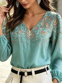 Breezaya Vintage Casual Printed Long Sleeve Shirt - Green - View 5