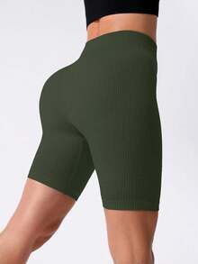 SHEIN Sports 女款純色高腰日常健身運動短褲 - 橄欖綠 - 查看 6