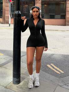 SHEIN SXY جمبسوت أسود بأكمام طويلة وسحاب أمامي ضيق، جيم، رياضة، سحاب علوي، - الأسود - مشاهدة 6